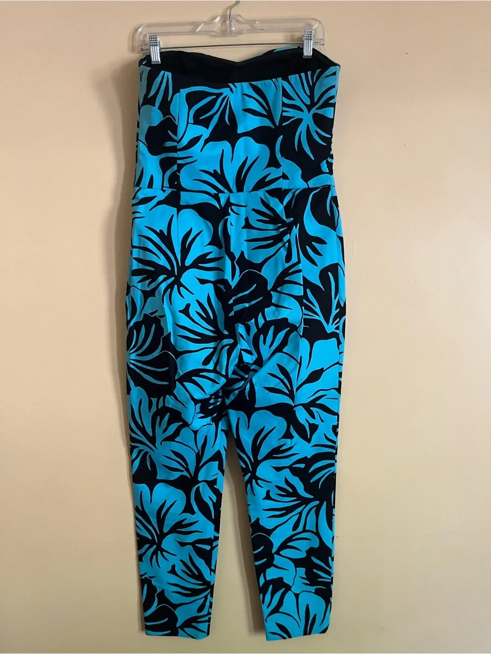 Michael Kors Strapless Turquoise & Black Floral Print Jumpsuit